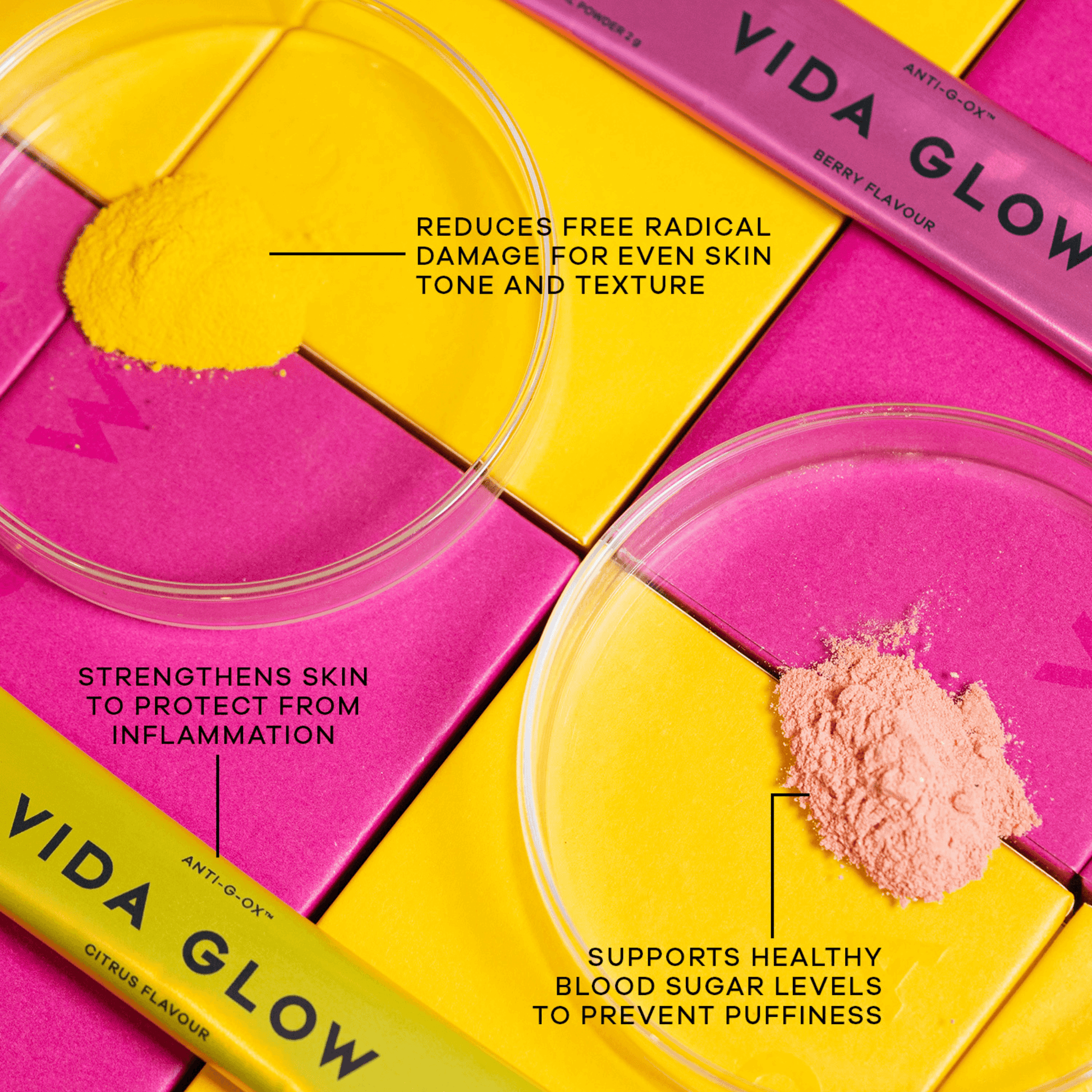 Anti-G-ox Citrus and berry benefits map with collagen powder in petri dish